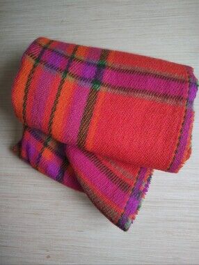 Alafoss of Iceland Wool Blanket Throw Orange Pink Purple Plaid 61 " x 81 " Queen